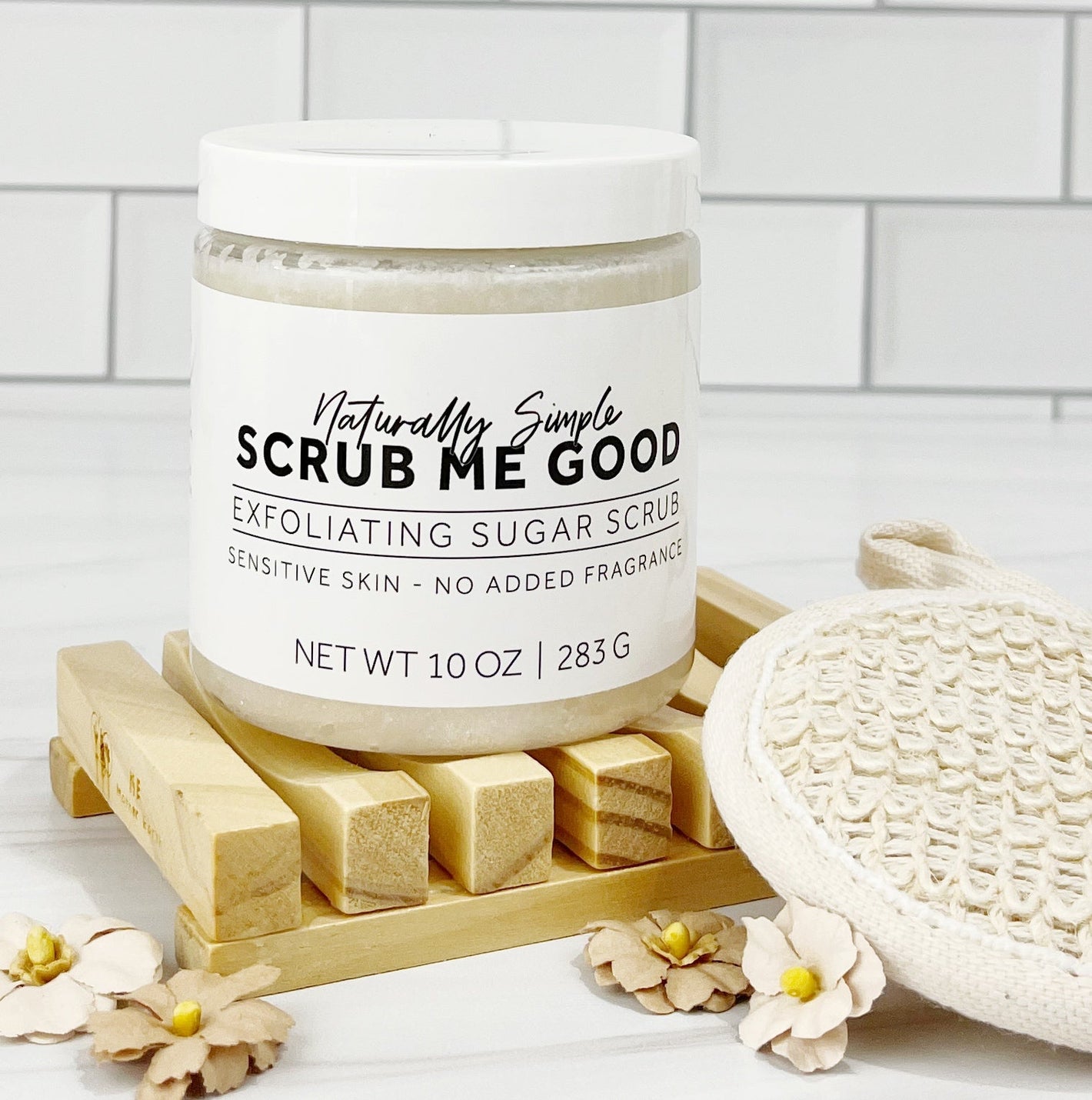 Sensitive Skin (no added fragrance) Exfoliating Sugar Scrub in a light neutral bathroom